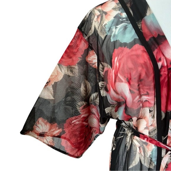 MONTEAU Size Small Black Red Floral Roses Sheer Kimono Boho Robe - Picture 3 of 6